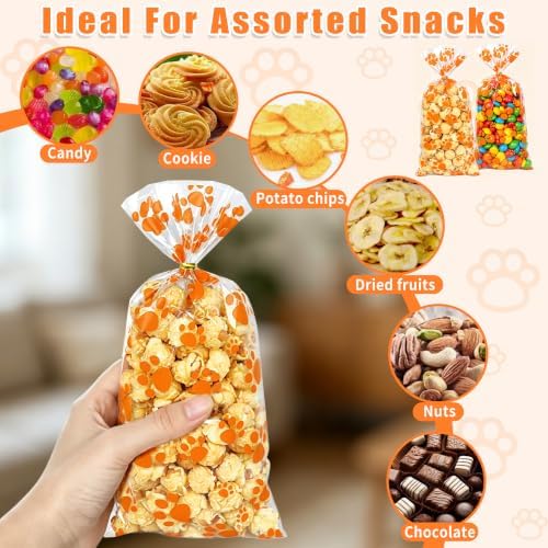 ZYLOP 50Pcs Dog Treat Bags - 5 x 11 Inch Clear Orange Dog Cellophane Treat Bags with 60 Gold Twist Ties for Pet Treats, Cookies & Candy, Paw Print Bags for Fall Parties and Party Favors