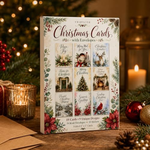 Christmas Cards with Envelopes, 18 Folded 5x7 Watercolor Holiday Cards Bulk