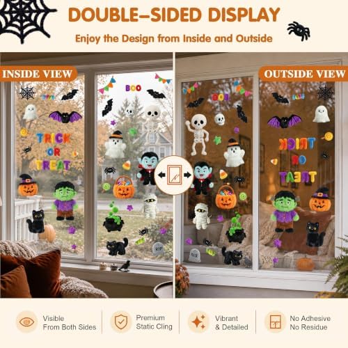 Halloween Decorations Window Clings, 8 Sheets Plush Style Zombie Skeleton Monster Vampire Pumpkin Halloween Decals, Cute Double Sided Printed Glass Door clings Decals for Home Office School Party