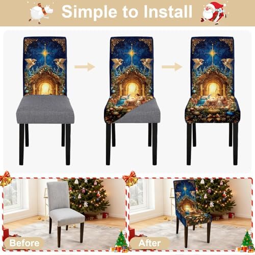 Nativity Scene Chair Covers Set of 4, Stretchable Dining Chair Slipcovers with Christmas Angels and Star for Holiday Décor