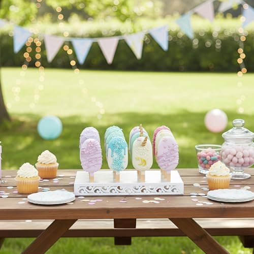 Metal Cakesicle Display Stand with Vine Pattern, 16 Holes, 10.24 x 7.09 x 1.06 Inch, Pre-Assembled Party and Wedding Dessert Holder (White)