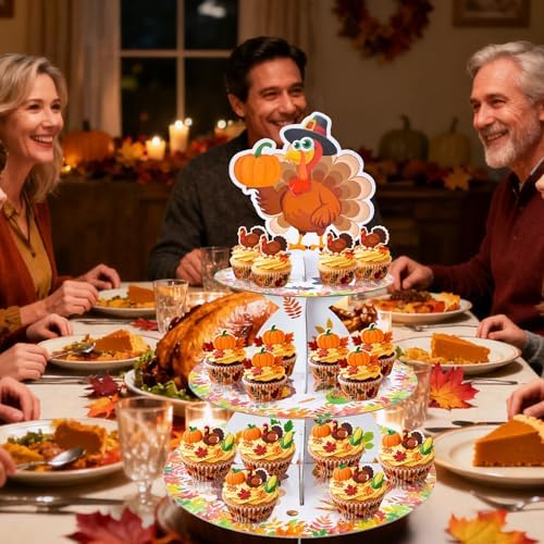 Gistome 3-Tier Thanksgiving Turkey Cupcake Stand – Autumn Harvest Dessert Display Holder for Fall Party Table, Friendsgiving, and Thanksgiving Decorations