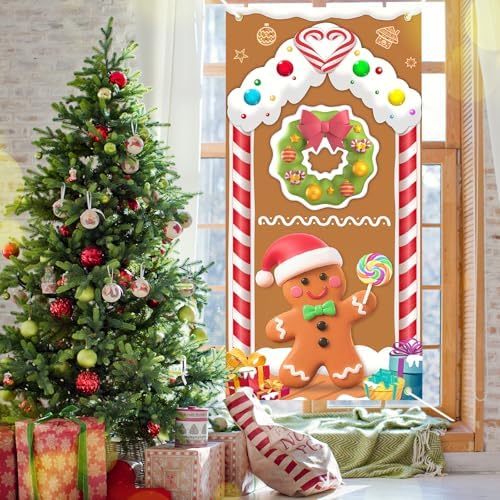 Christmas Door Cover Gingerbread Man Decoration Xmas Large Photography Background Banner Porch Sign for Winter Ginger Bread House Indoor Outside Front Door Banner Farmhouse Party Supplies 6 x 3 Feet