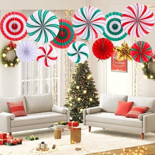 FOIMAS Christmas Hanging Paper Fan Decoration, 12pcs Peppermint Candy Hanging Fans for Ceiling Wall Classroom Mantle Xmas Candyland Holiday Party Supplies, Red and Green