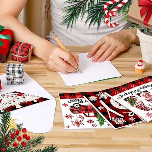 Saillong 12 Pack Plaid Christmas Diamond Greeting Cards with Envelopes