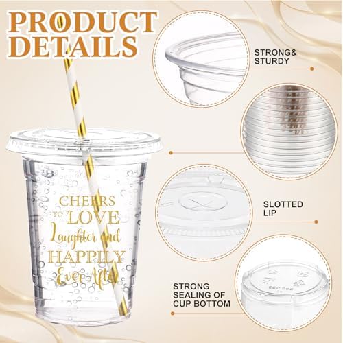 Funnymoom 50 Sets Wedding Plastic Cups with Lid and Straw Cheers to Love 16 oz Disposable Cup Clear Cold Beverage Drinking Glasses Bulk for Wedding Reception Bridal Shower Engagement Party Decoration