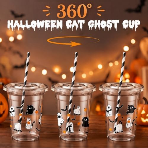 FillTouch 50 Pcs Halloween Cat Ghost Cups 16 oz with Lids Straws