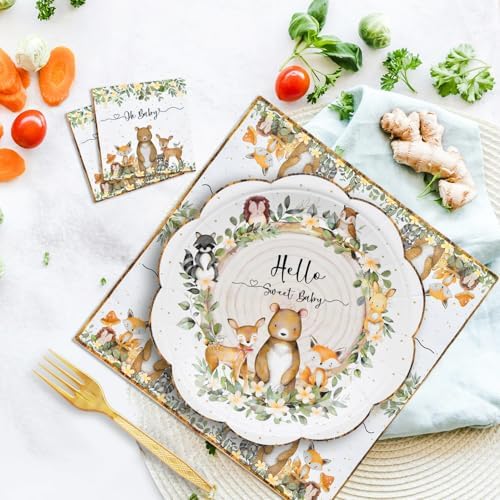 96 Pieces Woodland Baby Shower Tableware Set – Scalloped Forest Animal Disposable Dinnerware with Paper Plates, Napkins, and Forks for Gender Neutral Baby Showers and Birthday Parties – Serves 24
