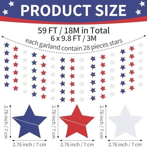 Red White and Blue Star Garland Banner Streamers 59 FT 2.76 Inch, Paper