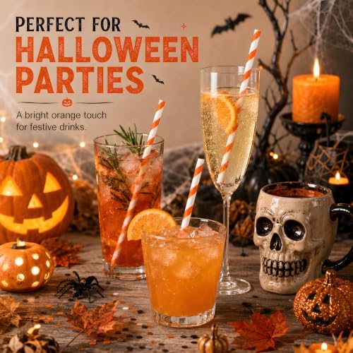 ALINK 100 Orange and White Paper Straws, 7.75 in Striped Spritz Straws