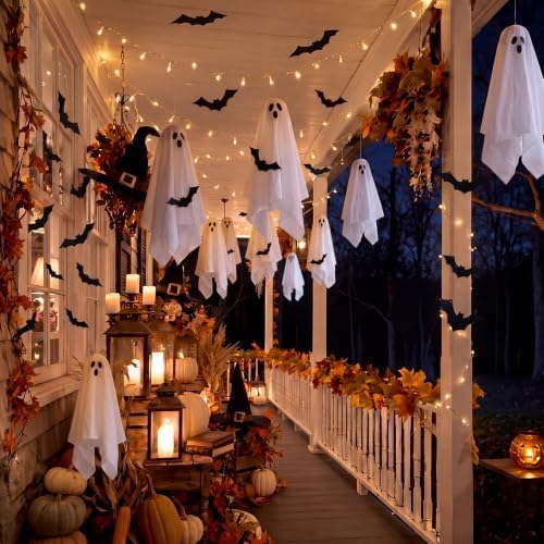 18 Pcs Halloween Hanging Ghost Bats Decorations with LED Light