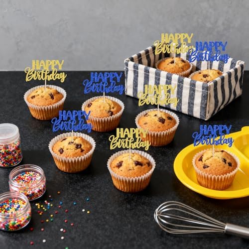 30 PCS Happy Birthday Cupcake Toppers Glitter Happy Birthday Cupcake Picks for Celebrating Anniversary Theme Christmas Party Cake Decorations Supplies Gold Blue