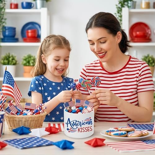 Patriotic 4th of July Candy Dish, Independence Day Mini Ceramic Candy Bowl Tiered Tray Centerpiece Decor, Snack Serving Table Wishes Accents for Party Home Kitchen Events (American Kisses)
