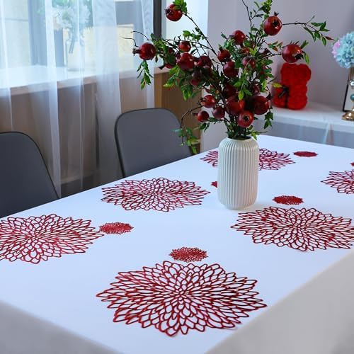Snowkingdom 6 Pack Red Placemats Metallic Shiny Pressed Vinyl Dining Mats Round Leaf Floral Mother's Day Table Decoration for Halloween Christmas Valentine's Day Weddings Holiday Celebrations