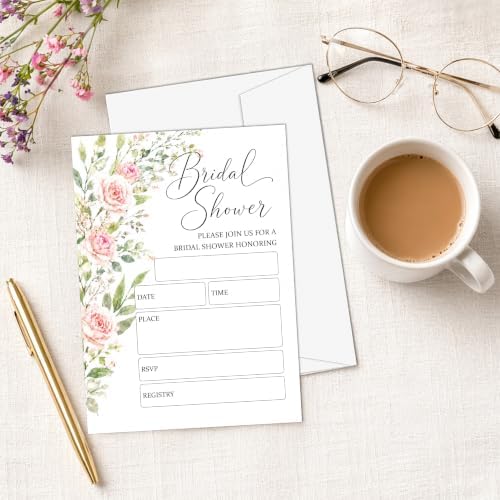 Bridal Shower Invitations, 25 Floral Wedding Shower Invites with Envelopes, 5x7 Blush Pink Rose Bride to Be Engagement Party Supplies - A05
