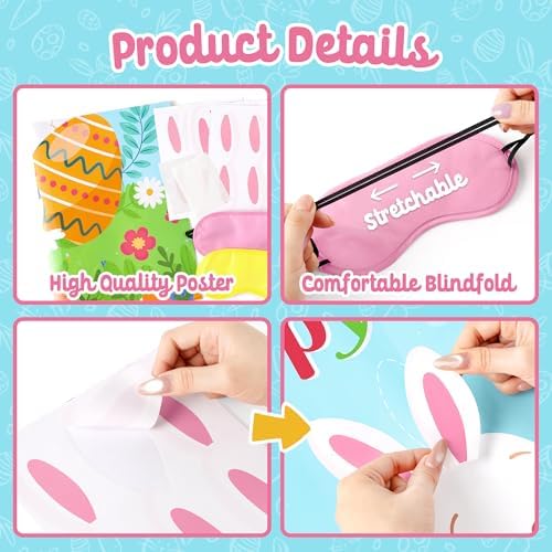 Pin The Ears on The Bunny Game for Kids, Happy Easter Rabbit Poster with 24Pcs Stickers Fun Family School Classroom Activities Spring Holiday Egg Hunt Birthday Party Decoration Supplies Wall Decor