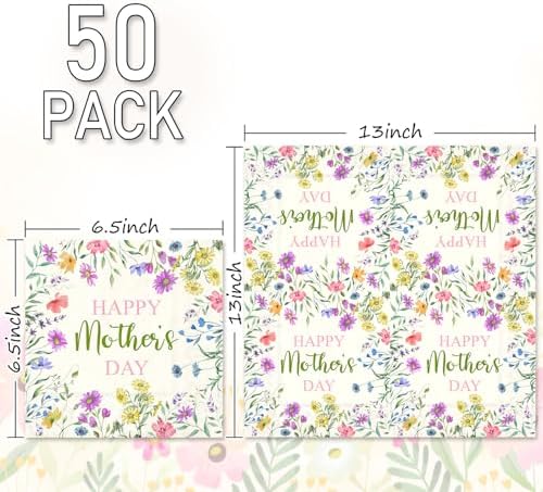 JarThenaAMCS 50Pcs Happy Mother's Day Napkins Paper Disposable Napkins Watercolor Wildflower Luncheon Dinner Napkin for Spring Birthday Mother's Day Supplies