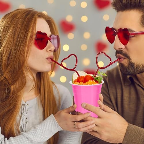 Whaline 60 Pcs Valentine's Day Plastic Cups 16 Oz Drinking Cups Pink Red Disposable Cup for Wedding Birthday Strawberry Cherry Party Supplies