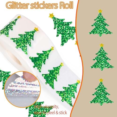 500Pcs Christmas Tree Stickers Roll - Laser Christmas Tree Shape Self-Adhesive Sealing Stickers, Green Sparkly Waterproof Decals for Christmas Party Envelope Scrapbook Decor