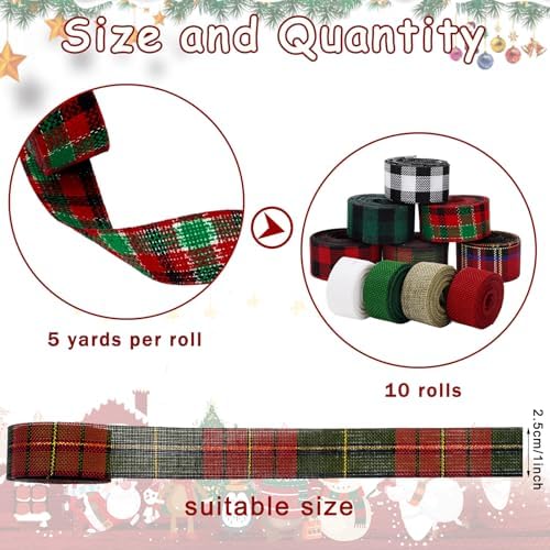 Whaline 10 Rolls 50 Yards Christmas Burlap Ribbon Rolls 1 Inch Wired Plaid Wrapping Ribbons Xmas Decorative Ribbon for Wreath Bow Gift Decor