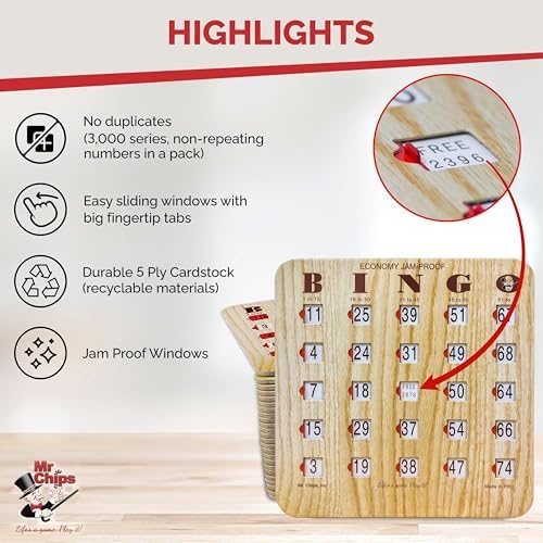 MR CHIPS Jam-Proof Fingertip Slide Bingo Cards with Sliding Windows 50 Pack in Tan Style