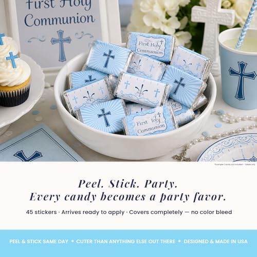 First Holy Communion Mini Chocolate Candy Bar Sticker Wrappers for Boys, 45 1.4" x 2.6" Wrap Around Labels by AmandaCreation, Great for Party Favors