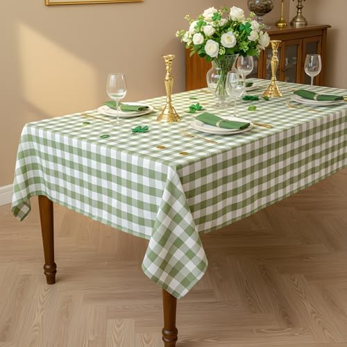 Green and White Gingham Tablecloth, Spring Plaid Waterproof Table Cover for St Patrick's Day, Indoor Dining, Kitchen Table, Garden Picnic, Washable Rectangle Tablecloth, W60 x L60 in