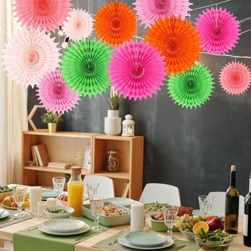 BestoFun 12 PCS Paper Fans Red Green Pink Party Decorations Tissue Paper Flowers Decorations for Girl Groovy Birthday Baby Shower Wedding Bachelorette Room Wall Hanging Décor
