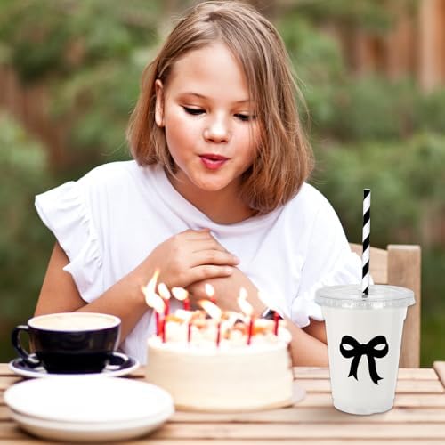 Whaline 50 Pcs Black Bow Disposable Plastic Cups with Lids and Straws 12 Oz Elegant Bow Knot Cold Beverage Drinking Cups for Wedding Birthday Bridal Baby Shower Party Supplies