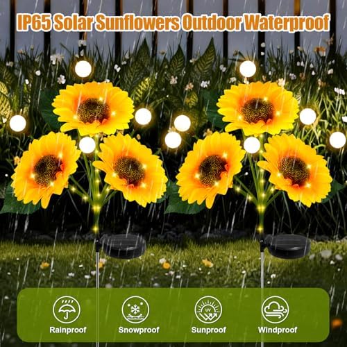 Sunflower Solar Lights Outdoor, 4 Pack Sunflowers with Firefly Lights, Waterproof Solar Flower Lights with 1000mAh Battery for Patio Porch Lawn, Gifts for Mom Women Grandma, Yard Decorations Outdoor