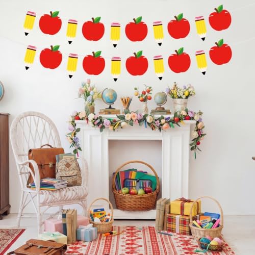 Back to School Decorations Banner - DIY Paper Pencil and Apples Banners, Red Yellow Welcome to School Sign Garland for First Day of Schools Classroom Themed Party Decor Supplies Favors Props