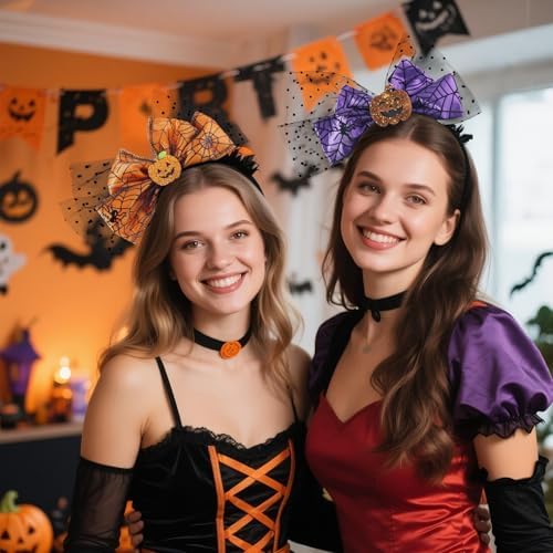 Halloween Headbands with Pumpkin and Spider Web, 2 Pack Orange and Purple Headband with Big Bow, Hairbands Hair Hoop Halloween Spooky Hair Accessories for Women Girls Kids
