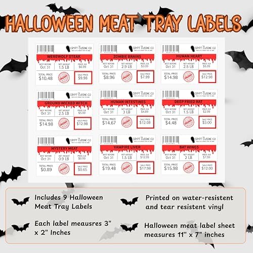 J&J's ToyScape Halloween Meat Tray Labels, 9 Piece Set, Spooky Food Theme Halloween Party Decor, Spooky Food Stickers, Glossy Water-Resistant Vinyl, 3x2 Inch