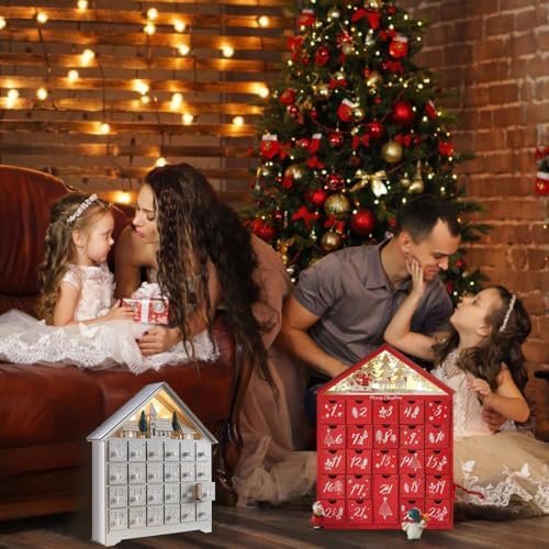 LYFJMUS Wooden Christmas Advent Calendar 2025 with 24 Storage Drawers Reusable Advent Calendar with LED Lights Countdown to Christmas Decoration for Kids