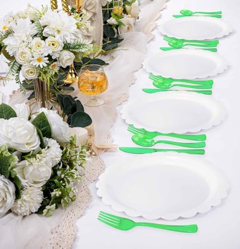 HEIPINIUYE 75 Pack Green Clear Plastic Cutlery Heavy Duty Clear Green Plastic Knives Forks and Spoons Disposable Silverware Set for 25 Guest Camping Birthday Baby Shower Party Utensil Set