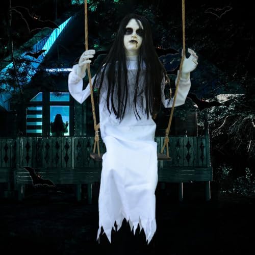 PARTYGEARS Halloween Decorations Props Hanging Swinging Girl with Creepy Expressions, Hanging Ghosts The Best Indoor and Outdoor Scary Decorations for Halloween(White)