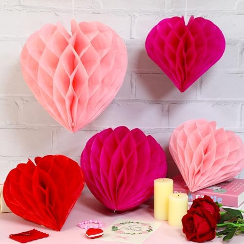 JULMELON 18 PCS Valentine's Day Party Heart Decorations, Red Pink Magenta Heart Paper Honeycomb Balls Hanging Valentines Day Ornaments Galentines Day Decor for Wedding Bridal Shower Party