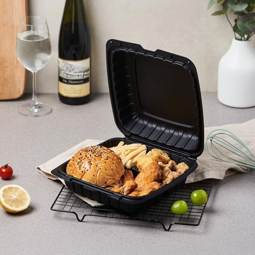 Jaluxing 9X9 3-Compartment 50-Pack Plastic Clamshell Takeout Food Trays Heavy Duty Togo Disposable Box For Pasta Salad Sandwich Carryout Hinged Containers With Secure Snap Lid (Formerly FULING)