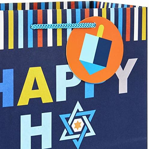 Hallmark Hanukkah Gift Bag Assortment (8 Gift Bags: 3 Small 6", 3 Medium 9", 2 Large 13") Star of David, Dreidels, Happy Hanukkah in Navy Blue, Orange, Yellow
