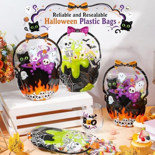 Fuutreo 24 Pcs Halloween Treat Bags with Handles, Skeleton Plastic, Clear