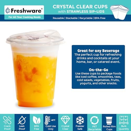 Freshware Clear Plastic Cups with Strawless Sip Lids [100 Cups - 12 oz] Disposable Cup for Iced Coffee, Smoothie, Milkshake, Cold Drinks