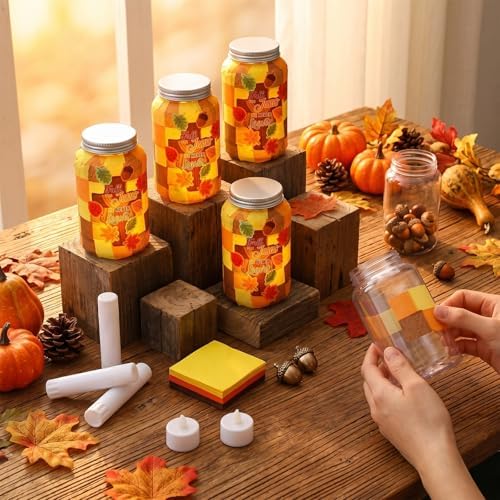 Qinyoung 12 Pcs Fall Christian Crafts Maple Leaf Mason Jar with LED