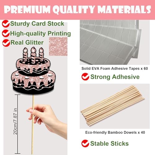 38 Pcs Birthday Photo Booth Props Kit with Frame, Happy Birthday Party Favors Supplies Bday Party Decorations Set for Girls Women Really Glitter Selfie Paper Party Supplies (Rose Gold)