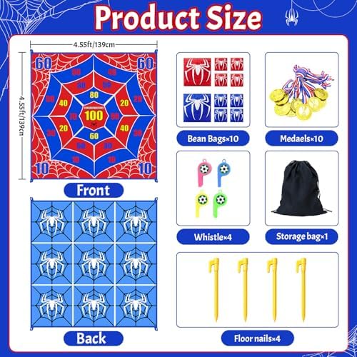 2-in-1 Giant Tic Tac Toe Game Bean Bag Toss Outdoor Games, 4.5FT Spider Tic Tac Toe Game with 10 Pcs Bean Bags, Outside Games for Adults and Family Lawn Yard Carnival Field Day Camping Party