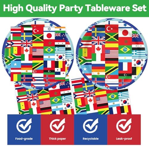 50Pcs International World Flags Plates and Napkins Party Supplies, Disposable Soccer Game Paper Plates Napkins Tableware Set for Travel Trip Around the Globe Sports Soccer Events 2026 Decorations