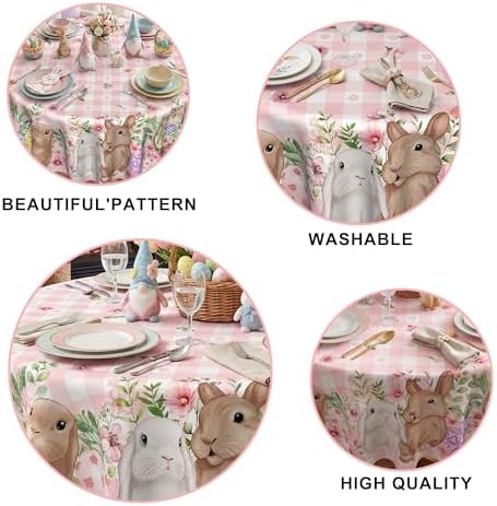 Easter Tablecloth 60 Inch Round, Easter Rabbits Decorations for Home Table Cloth, Pink Buffalo Plaid and Flowers Decor Tablecloths Polyester for Picnic Party Dinner