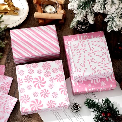 JarThenaAMCS 100 Sheets Christmas Tissue Paper Pink White Art Tissue Candy Cane Stripe Wrapping Paper for Xmas Winter DIY Crafts Gift Packing, 14 x 20 Inch