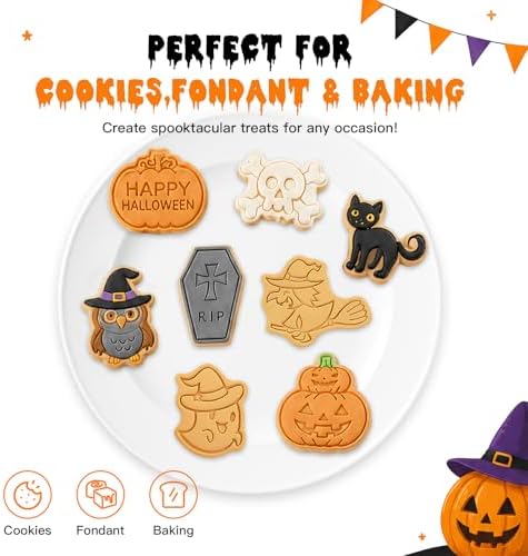 8pcs Halloween Cookie Cutters and Stamps Set, Plastic Cartoon Biscuit Molds, Cute Small Clay Playdough Cutters for Kids Party — Happy Halloween Pumpkin, Ghost, Coffin, Cat, Skull, Owl, Witch, Pink