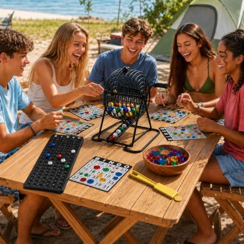 Deluxe Bingo Game Set with Durable Steel Cage and Chips Clean up Wands