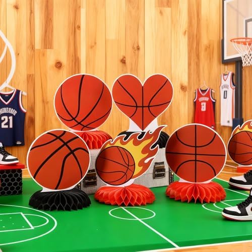 Yuntau 12 Pcs Basketball Party Decoration Honeycomb Centerpiece Basketball Table Topper Sports Table Decoration for Men Birthday Sports Theme Party Favors Supplies